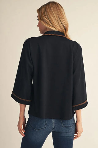 3/4 Sleeves V-neck Solid Top with Embroidered Scallop Edge