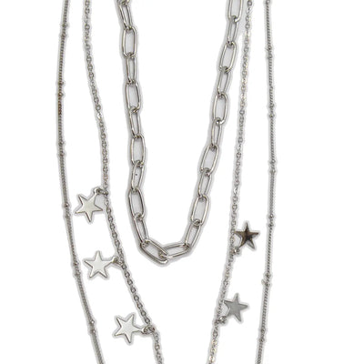 Silver Layered Chain Necklace with Stars and Cowboy Boot
