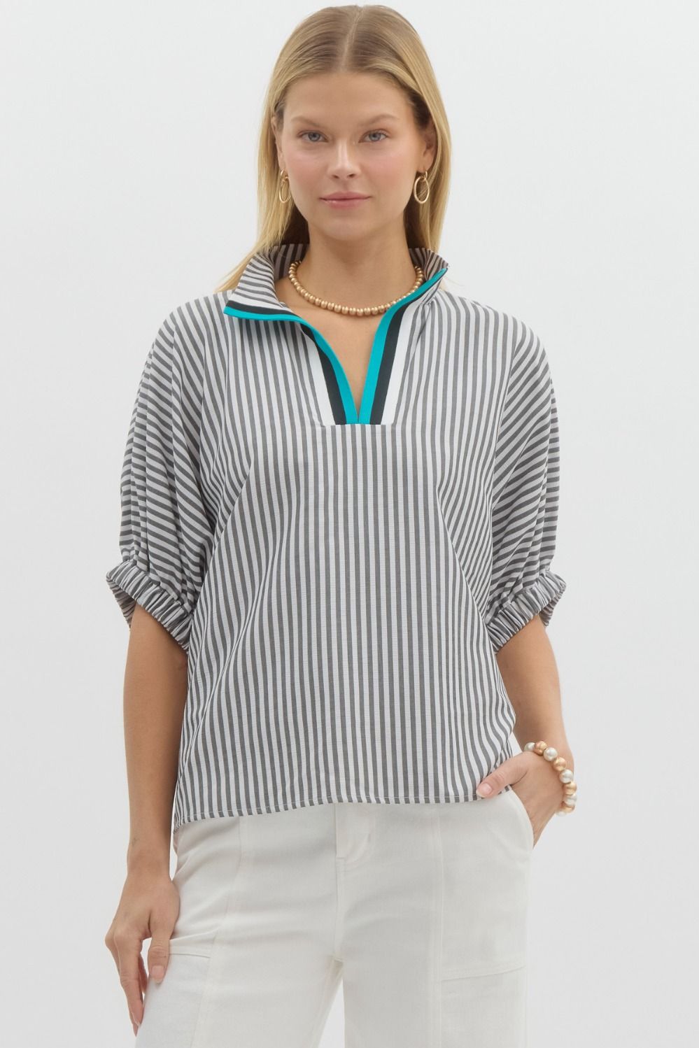 Rib Band Striped Blouse