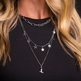 Silver Layered Chain Necklace with Stars and Cowboy Boot
