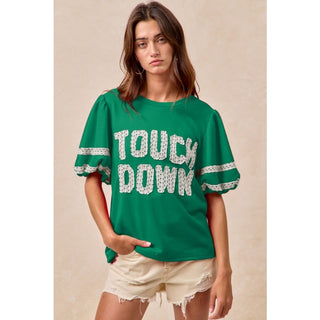 Green Gameday Theme Sleeve Top with Touch Down Patchwork