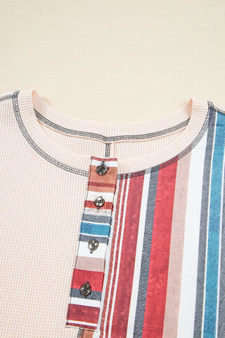 Stripe Waffle Patchwork Exposed Seam Raw Edge Knit Top