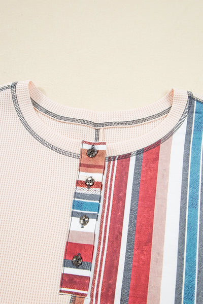 Stripe Waffle Patchwork Exposed Seam Raw Edge Knit Top