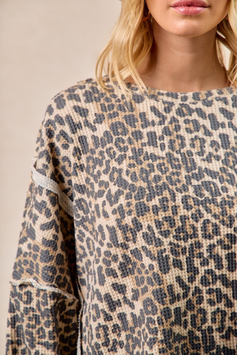 Leopard Print Oversized Waffle Thermal Sweatshirt