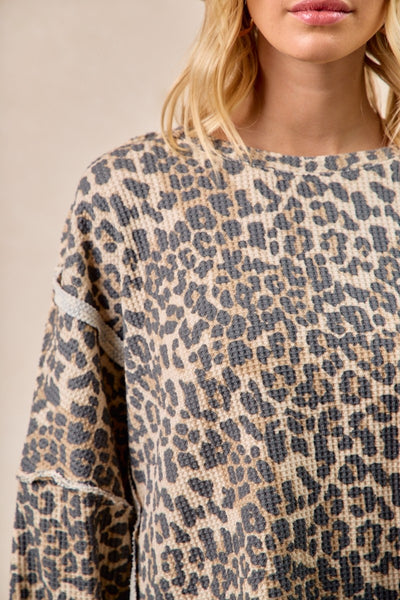 Leopard Print Oversized Waffle Thermal Sweatshirt