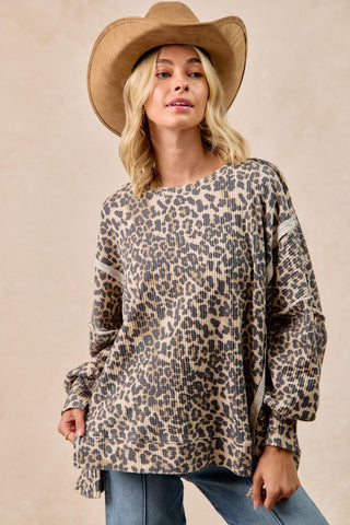 Leopard Print Oversized Waffle Thermal Sweatshirt