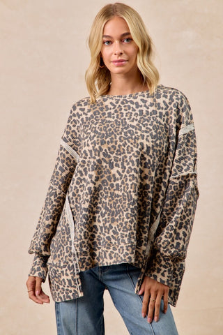 Leopard Print Oversized Waffle Thermal Sweatshirt