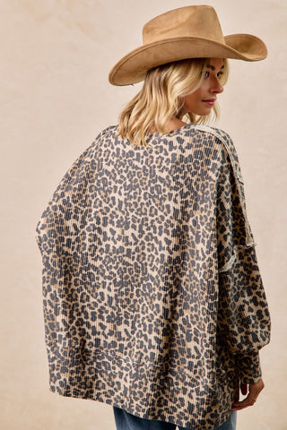 Leopard Print Oversized Waffle Thermal Sweatshirt