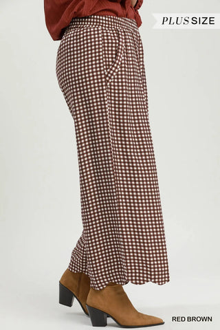 Gingham Wide Leg Scallop Hem Crop Pants