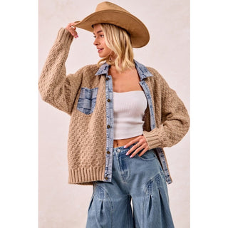 Washed Checker Denim Mix and Match Sweater Top