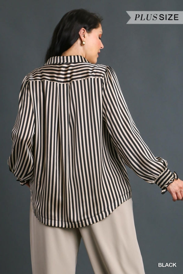 Satin Stripe Split Neck Long Sleeve Top (size XL)