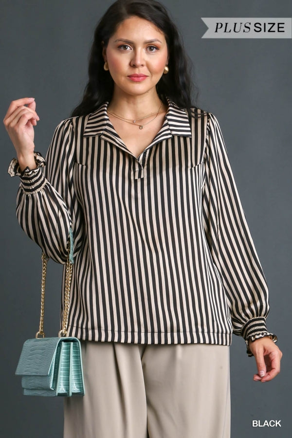 Satin Stripe Split Neck Long Sleeve Top (size XL)