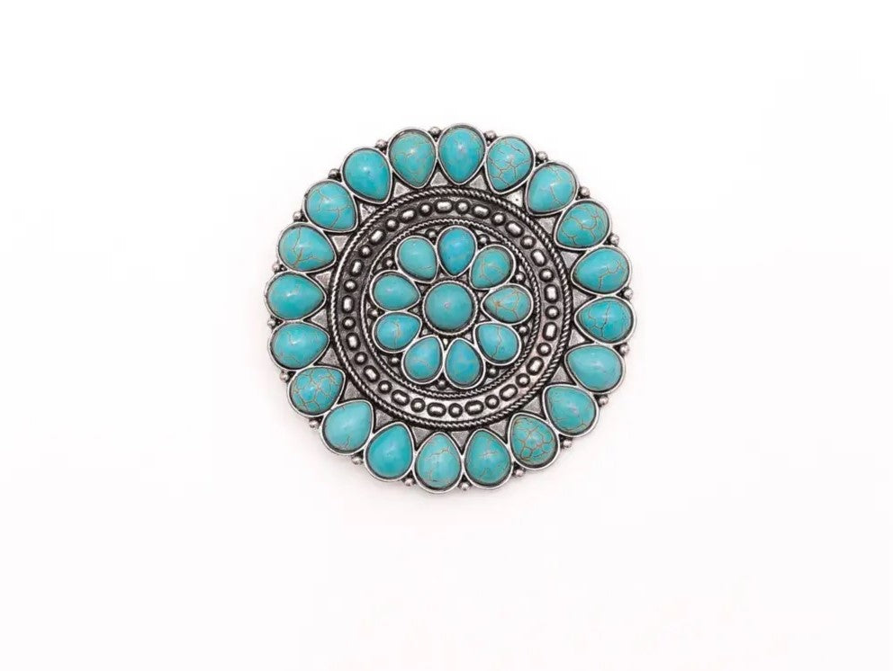 Round Burnished Silver and Turquoise Flower Concho Pin