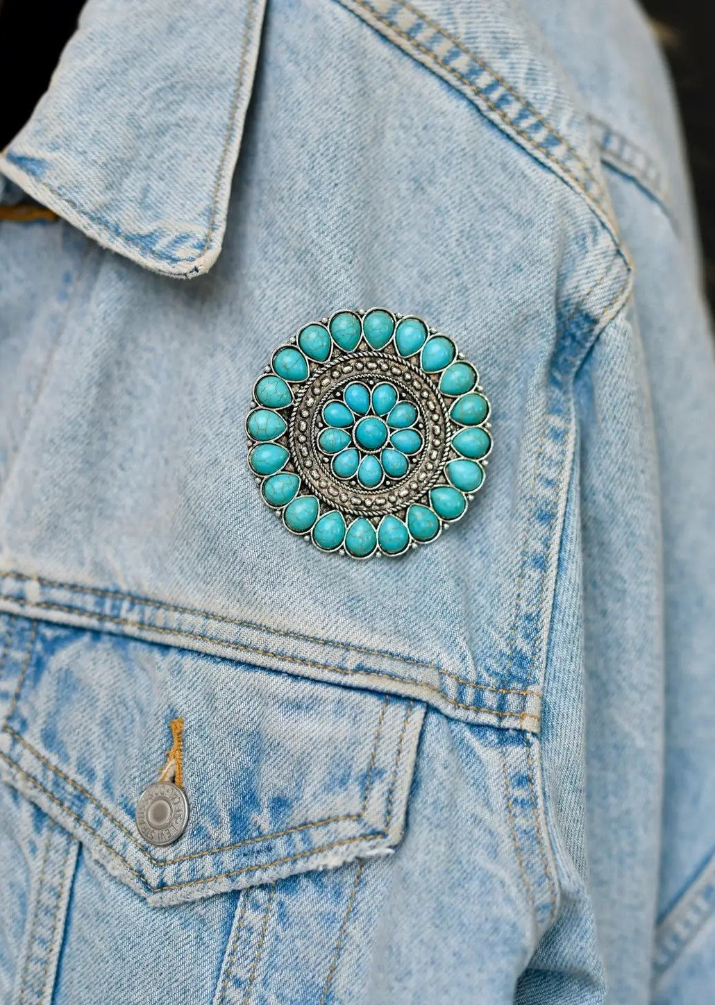 Round Burnished Silver and Turquoise Flower Concho Pin