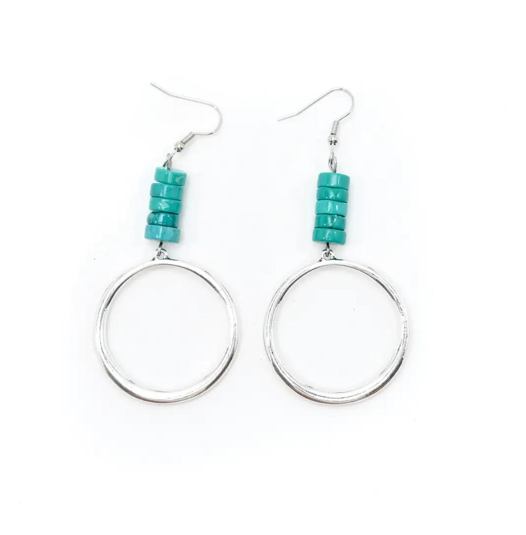 Silver Hoop Earrings with Turquoise Beaded Accent