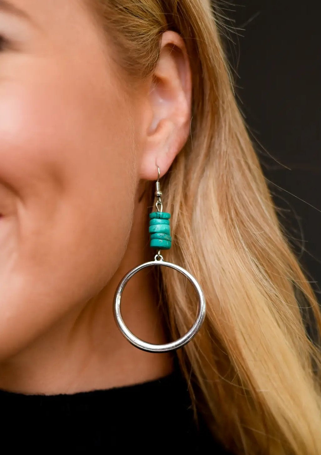 Silver Hoop Earrings with Turquoise Beaded Accent