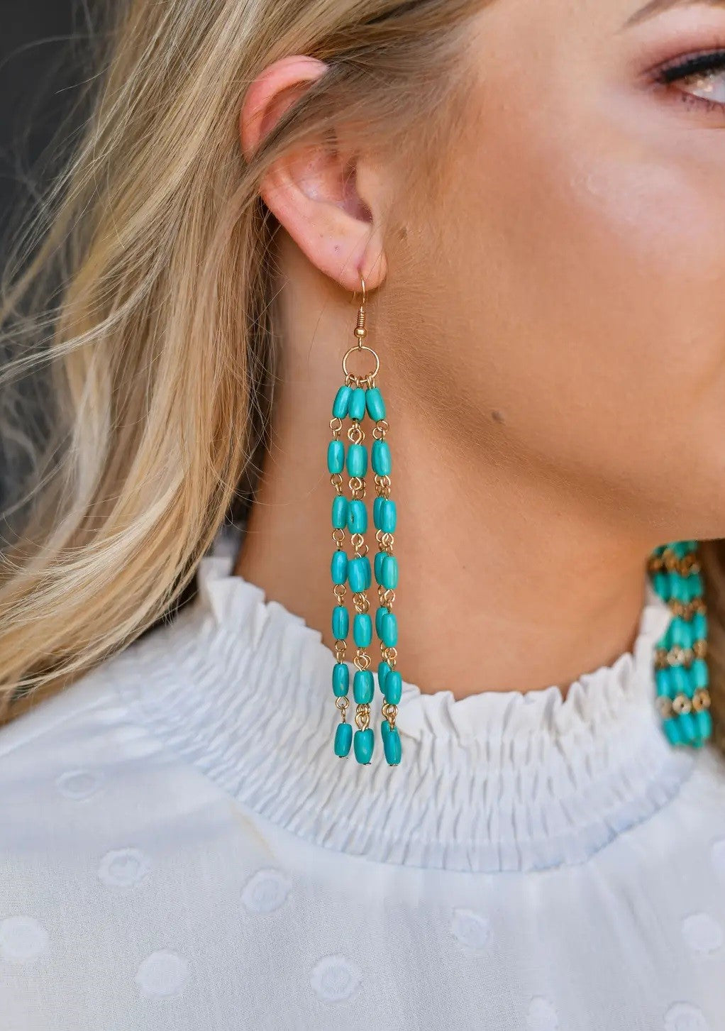 Gold Green Beaded Tassel Earrings