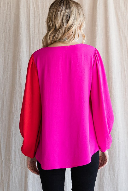 ColorBlock Duo-Tone Bubble Sleeve Top