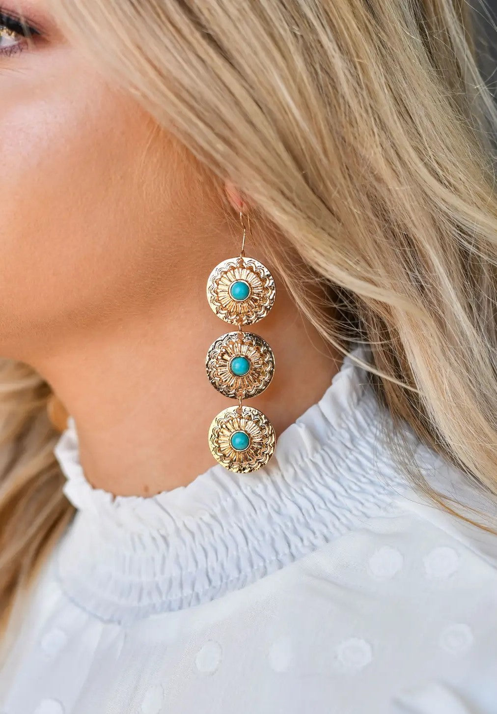 Gold and Turquoise 3 Tier Concho Earrings