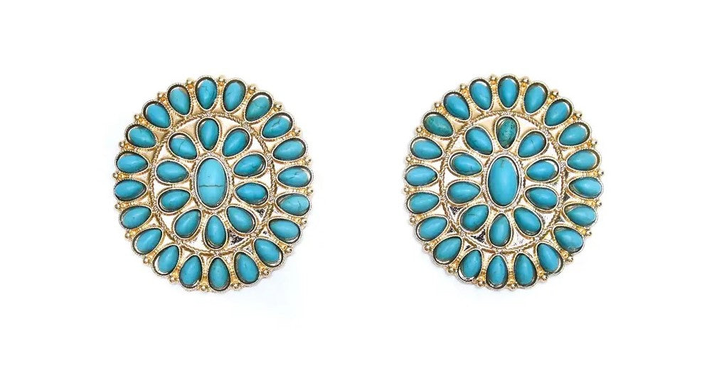 Large Gold and Turquoise Cluster Post Earrings