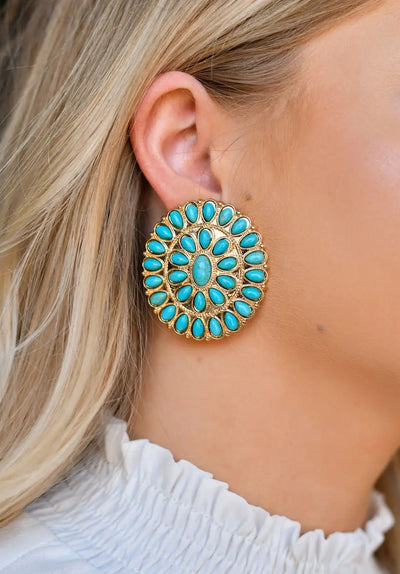 Large Gold and Turquoise Cluster Post Earrings